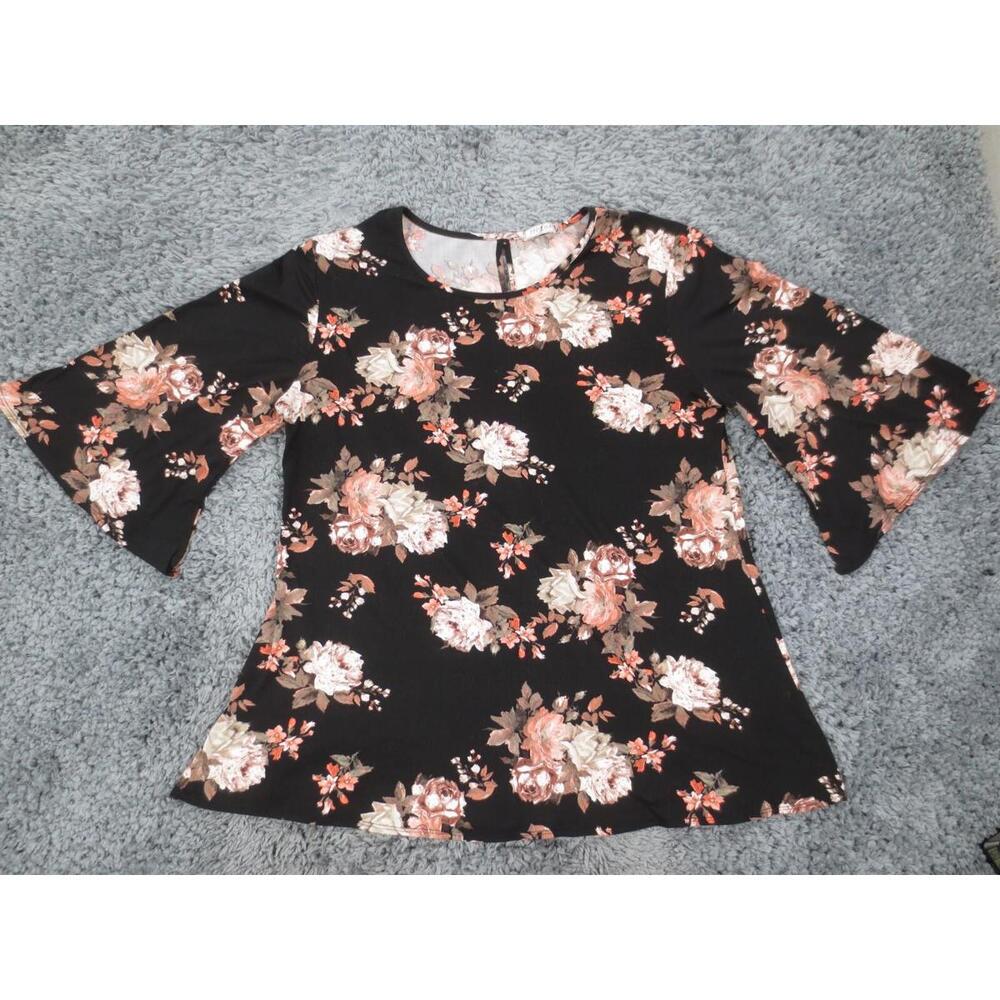 Profile Apparel Top Womens Large Black Floral Rayon Flared Sleeve Keyhole USA